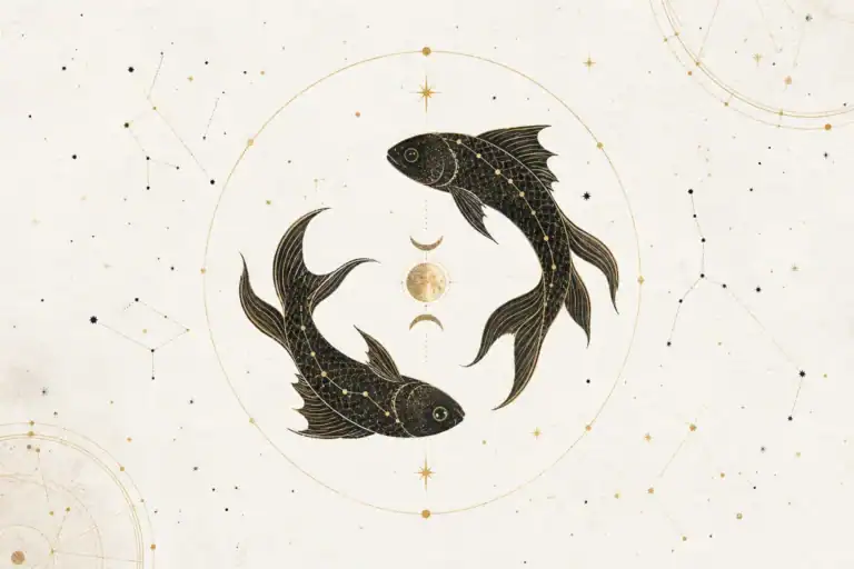 Latijnse naam voor sterrenbeeld Vissen, Pisces, met twee vissen als astrologisch symbool
