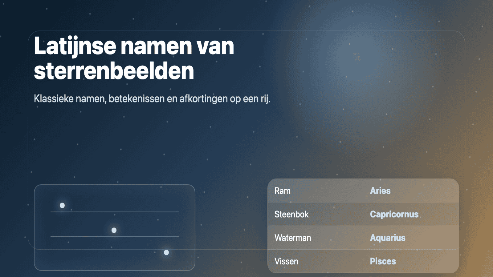 Latijnse namen van sterrenbeelden op een klassieke sterrenkaart